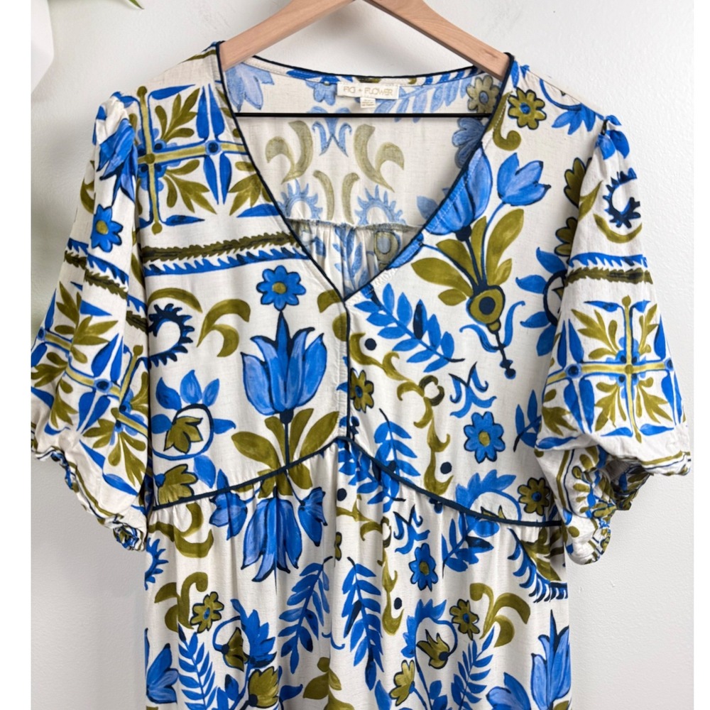 Fig + Flower Women 2X Blue Olive Floral Linen Blend Midi Dress V-Neck Boho - Picture 4 of 9